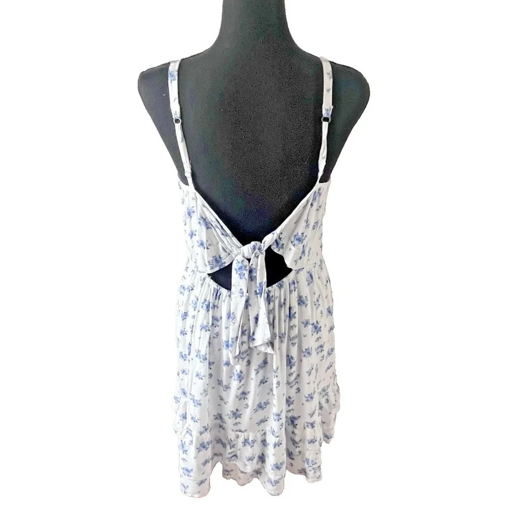 Blue Floral Babydoll Mini Dress Women's M Tiered Ditsy Cottagecore - Picture 2 of 9